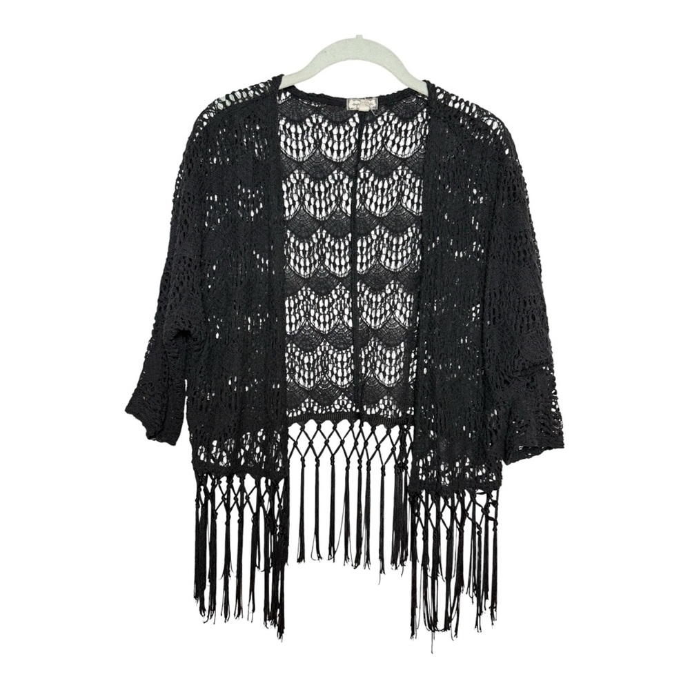 Eyeshadow Black Crochet Fringe Kimono Cardigan Boho Festival open knit size M